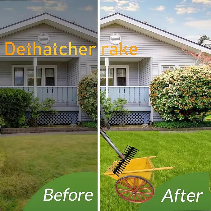 Thatching rakes for lawns, Heavy Duty Metal Thatcher rake with Strong Handle, Wide 15inch Iron dethatching rakes for Yard Leaf & Weed Clean, Soil Loose (Yellow-tine29)
