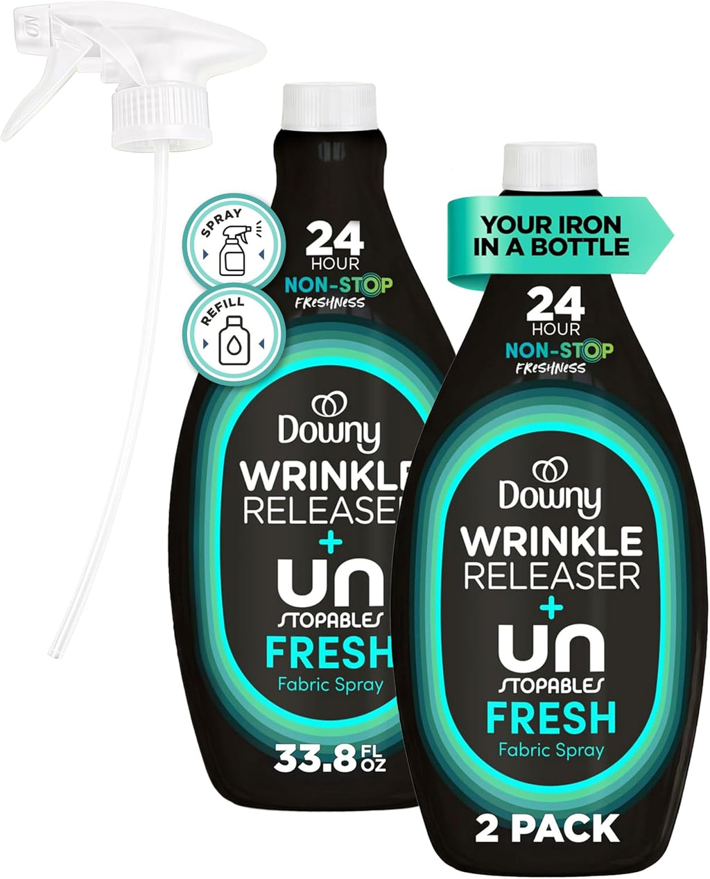 Downy Wrinkle Releaser Spray, All In One Wrinkle Release Spray, Odor Eliminator, Static Remover, Fabric Refresher & Ironing Aid for Clothes, 33.8 Fl Oz (Pack of 2), Light Fresh Scent