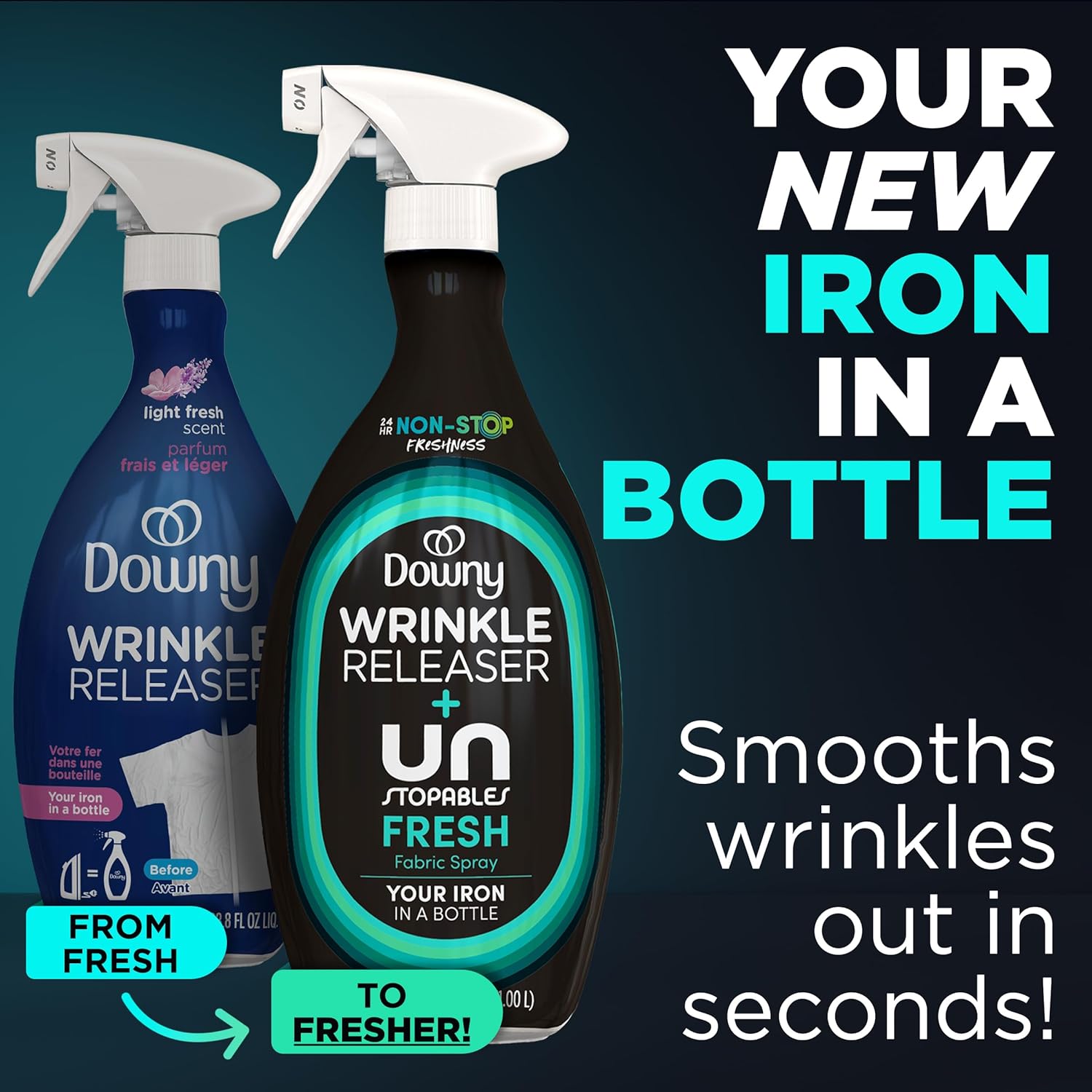 Downy Wrinkle Releaser Spray, All In One Wrinkle Release Spray, Odor Eliminator, Static Remover, Fabric Refresher & Ironing Aid for Clothes, 33.8 Fl Oz (Pack of 2), Light Fresh Scent