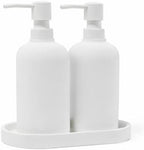 Matte White Soap Dispenser Set with Tray, 2 Pack 15oz Round Rustproof Liquid Hand Dish Soap Dispensers with Tray for Kitchen Sink, Countertop, and Bathroom