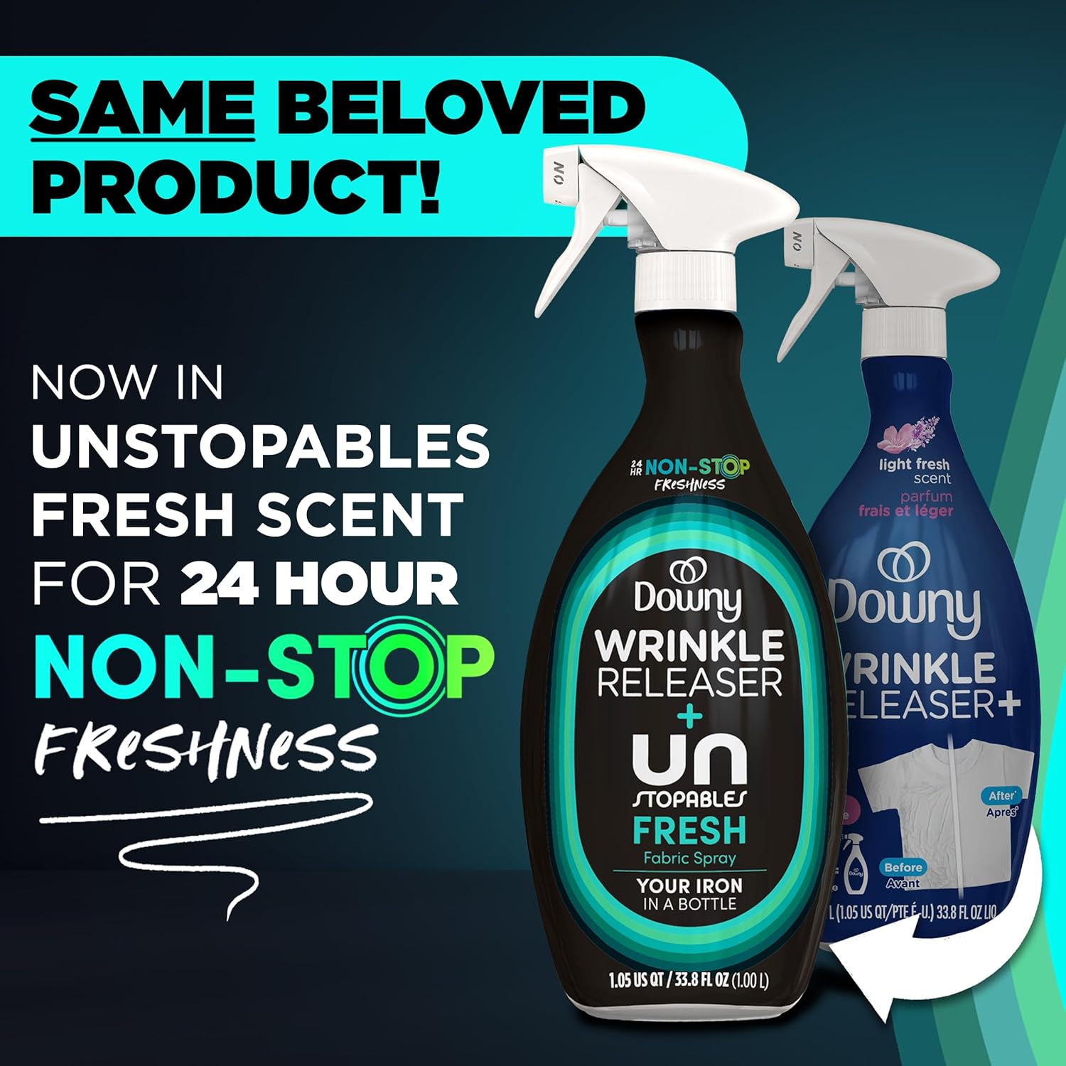 Downy Wrinkle Releaser Spray, All In One Wrinkle Release Spray, Odor Eliminator, Static Remover, Fabric Refresher & Ironing Aid for Clothes, 33.8 Fl Oz (Pack of 2), Light Fresh Scent