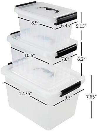 Farmoon 3 Packs Clear Lidded Storage Bin, Plastic Stackable Storage Container Box with Handle