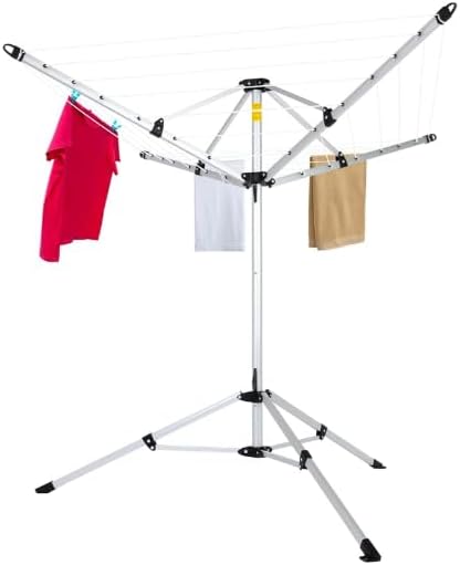 Outdoor Drying Rack with 4-arm Telescopic Aluminum Drying Rack Fixed with Ground Nails, 28 Drying Ropes, 65 Feet Large Capacity Windproof Rotating Umbrella Style Clothes Drying Rack