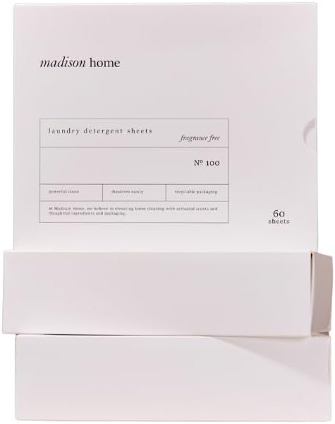 Madison Home Laundry Detergent Sheets, Hypoallergenic with Stain Fighting Special Bio-Enzymes, Home & Travel Laundry Detergent Sheets, Plastic Free Packaging, Fragrance Free, 60 sheets