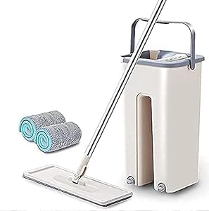 Heavy Quality Floor Mop with Bucket, Flexible Kitchen Tap Flat Squeeze Cleaning Supplies, 360° Flexible Quiet, 2 Reusable Pads, Microfiber, Adjustment Office Mop (Multicolour)