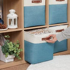 HNZIGE Fabric Storage Cubes Baskets,13 Inch Cube Storage Bins with Handles(4 Pack) Decorative Storage Baskets for Organizing Clothes, Toys, Closet, Nursery (Teal White)