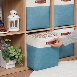 HNZIGE Fabric Storage Cubes Baskets,13 Inch Cube Storage Bins with Handles(4 Pack) Decorative Storage Baskets for Organizing Clothes, Toys, Closet, Nursery (Teal White)