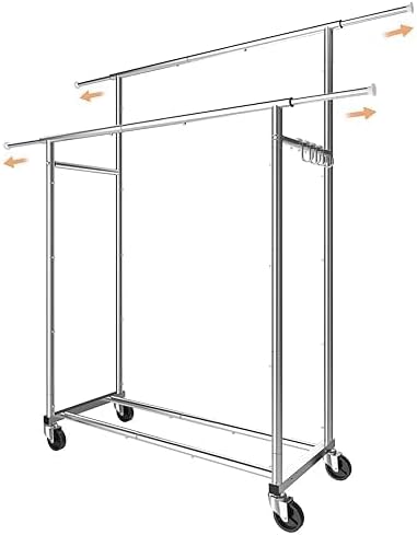 Simple Trending Double Rod Clothing Garment Rack, Rolling Clothes Organizer on Wheels for Hanging Clothes,with 4 hooks, Chrome