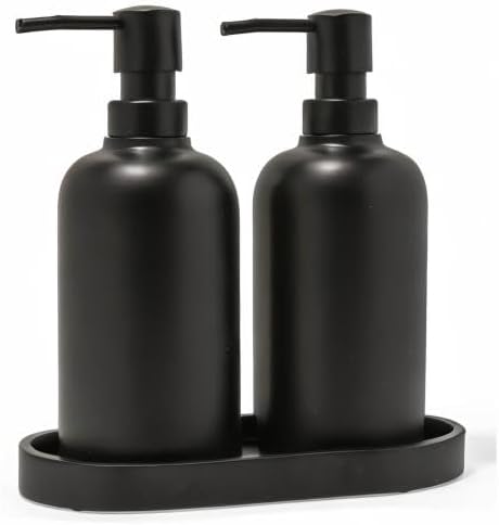 Matte Black Soap Dispenser Set with Tray, 2 Pack 15oz Round Rustproof Liquid Hand Dish Soap Dispensers with Tray for Kitchen Sink, Countertop, and Bathroom