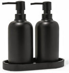 Matte Black Soap Dispenser Set with Tray, 2 Pack 15oz Round Rustproof Liquid Hand Dish Soap Dispensers with Tray for Kitchen Sink, Countertop, and Bathroom