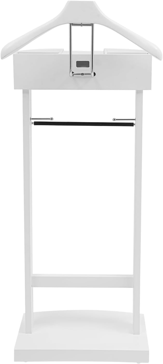 Valet Stand with Drawer and Top Tray, Wood Mens Suit Valet Stand with Wood Base, Freestanding Clothes Valet Stand with Hanger, Storage Organizer for Entryway Office Living Room (B, White)