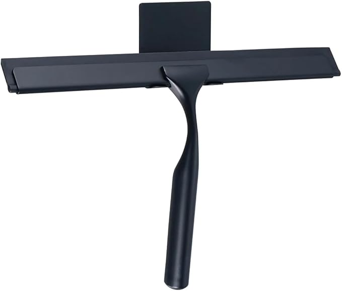 J&V TEXTILES All-Purpose Stainless Steel Shower Squeegee for Glass Doors with Adhesive Hooks, Squeegee for Shower Glass, Bathroom Household Cleaner Tool, 10 Inch (Black)