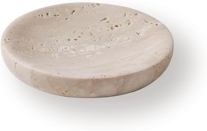 Round Marble Trinket Dish, Jewelry Tray Real Marble Soap Dish for Facial Sponge, Bathroom Makeup Sponge Holder,Nightstand Decor, Coaster(Beige Travertine)