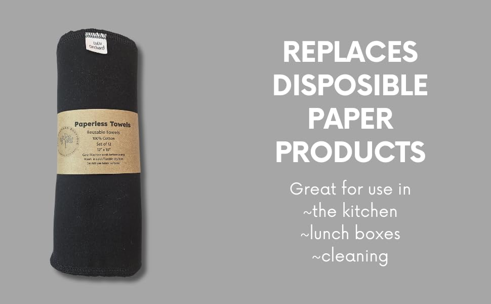 Paperless Towels, 12-12" X 10" Washable Paper Towels, Reusable Paper Towels, 100% Cotton (Black)