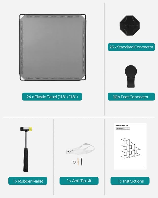 SONGMICS 6 Cube Storage Organizer, Modular Bookshelf, DIY Closet Organizers and Storage, Plastic Stackable Shelves, 11.8 x 11.8 x 11.8 Inch Cubes, with Feet and Rubber Mallet, Gray ULPC06G