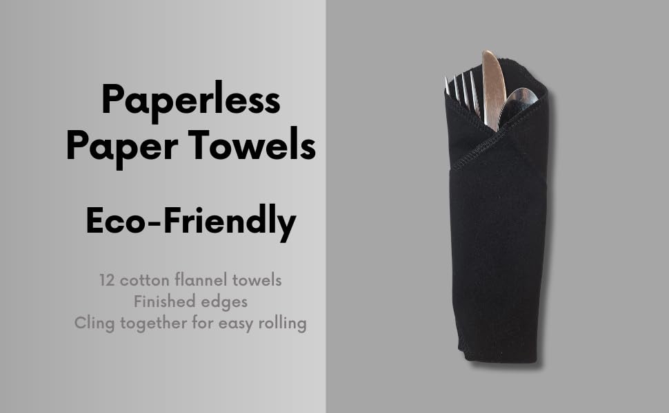 Paperless Towels, 12-12" X 10" Washable Paper Towels, Reusable Paper Towels, 100% Cotton (Black)