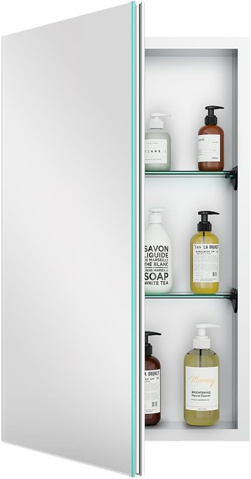 Quavikey Bathroom Medicine Cabinet with Mirror, Aluminum Surface Mount or Recessed Mirror Medicine Cabinet 16x26 Inch, Silver