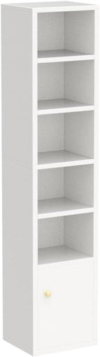 IOTXY Small Narrow Corner Bookcase - 59" Tall Free Standing Gap Storage Cabinet, 6 Lattices Open Shelves Tower Rack with Door, Cubes Bookshelf, White