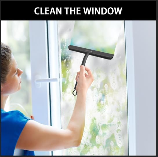 Shower Squeegee for Glass Doors with Adhesive Hook, All-Purpose Squeegee for Shower Glass, Bathroom, Window, Mirror, Car Glass and Tile Wall-8 Inches,Black