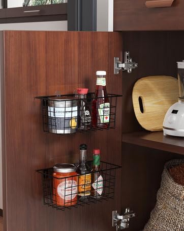 MaraFansie Hanging Wire Baskets Kitchen Storage Basket Adhesive and Screws Basket Over the Cabinet Door Organizer with Adhesive Strips and Screws Accessories, 2 Installations, 4 Pack, Black