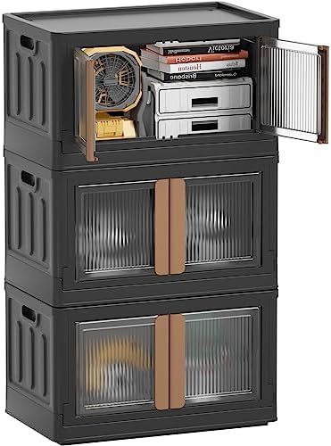 HAIXIN Storage Bins with 3 Lids - 19 Gal Stackable Organizer Box with Dual Opening Door Collapsible Closet Organization Plastic Black Storage Cabinet for Garage Laundry Room Camping, 3 Pack