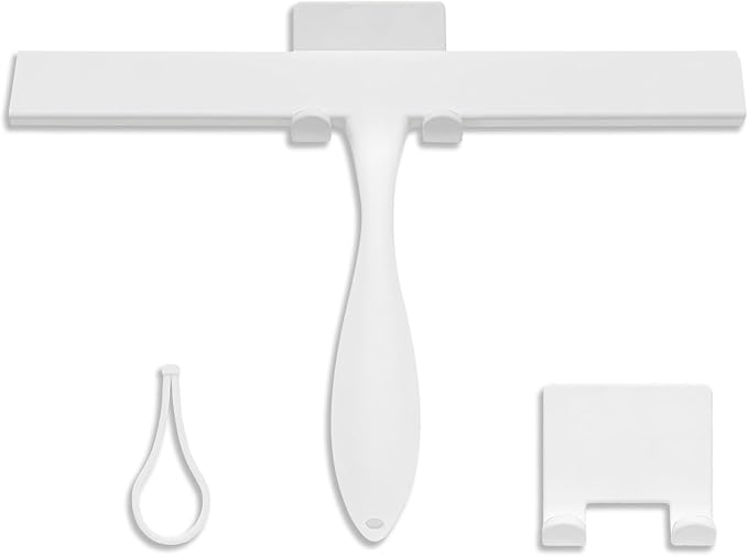 FY&XZH Never Rust Silicone Shower Squeegee for Glass Doors with Hook, Bathroom Cleaner Tool, Household Window and Mirror Squeegee, Ergonomic Thick Handle Squeegee for Shower Glass, 11-Inch (White)