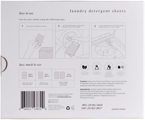 Madison Home Laundry Detergent Sheets, Hypoallergenic with Stain Fighting Special Bio-Enzymes, Home & Travel Laundry Detergent Sheets, Plastic Free Packaging, Fragrance Free, 60 sheets