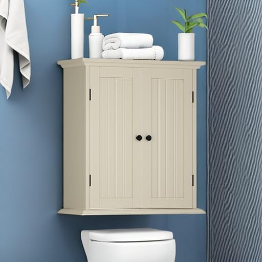 ChooChoo Bathroom Wall Cabinet, Over The Toilet Space Saver Storage Cabinet, Medicine Cabinet with 2 Door and Adjustable Shelves, Cupboard, Antique White & Brown