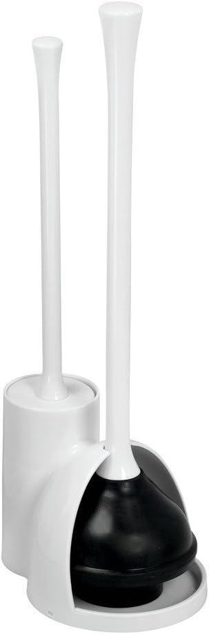 iDesign Una Plastic Toilet Bowl Brush and Plunger Combo Set for Bathroom Cleaning and Storage, White