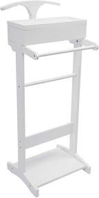 Valet Stand for Man and Women, Wood Suit Rack Suit Valet Stand with Top Tray, Storage Drawer, Bottom Shoe Rack, Freestanding Clothes Rack for Living Room, Entryway, Bedroom, Office, Black (White)