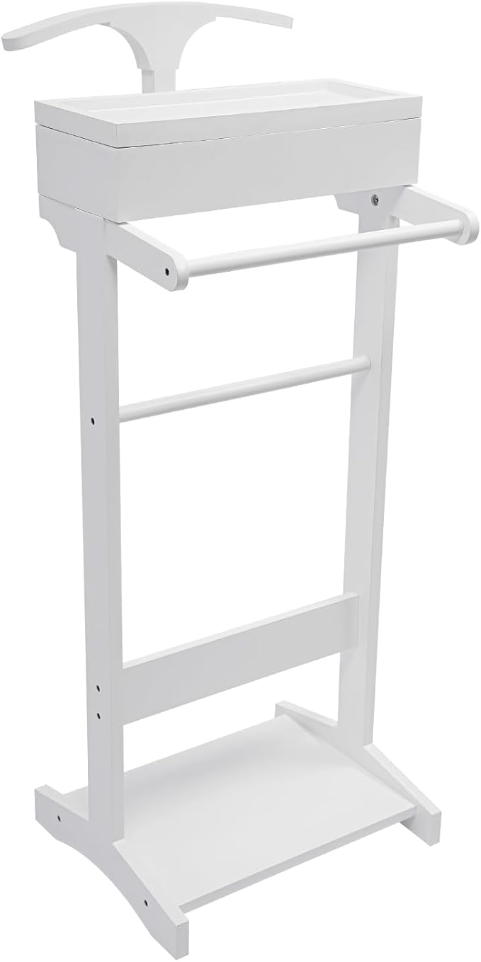 TFCFL Wooden Suit Rack with Drawer & Trouser Holder, Multi-functional Coat Stand for Hats/Scarves/Belts, Space-Saving Standing Suit Valet Stand for Home/Office, 22lbs Load Capacity (White)