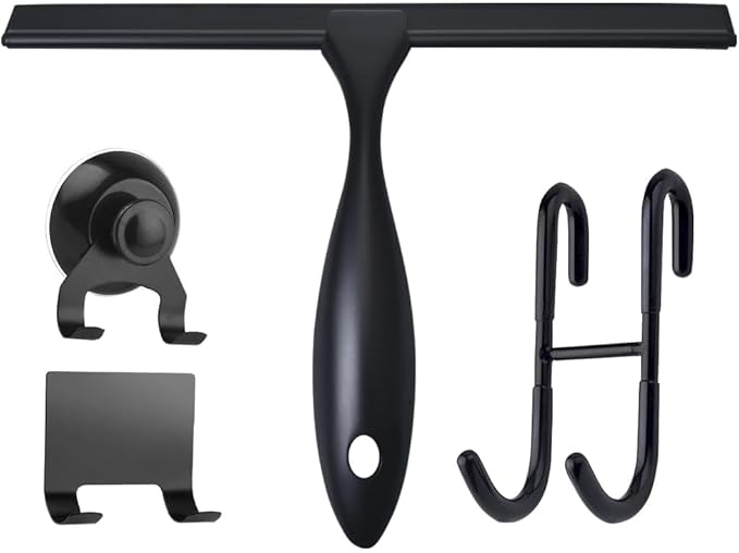 12'' Light Weight Stainless Steel Shower Squeegee for Glass Doors with 4 Pieces Set (1 Window Squeegee, 1 Door Hook and 2 Adhesive Hooks) Perfect Cleaning Tool for Car, Window, Bathroom Mirror
