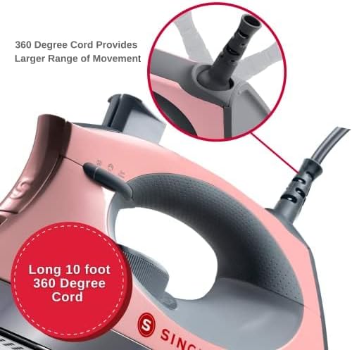 SINGER SteamCraft Steam Iron (1700W) | Steamer with Stainless Steel Plate, OnPoint Precision Tip for Hard-to-Reach Areas, Vertical Steam, Auto Shutoff & 300ml Tank Capacity – Pink