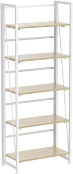 4NM No Assembly Folding Bookshelf, 5-Shelf 62.2" H Collapsible Foldable Bookcase Storage for Small Spaces, Natural White