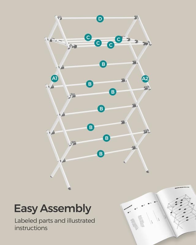 SONGMICS Foldable Clothes Drying Rack, Laundry Drying Rack, Clothes Airer, Steel Frame, 14.6 x 29.5 x 53.2 Inches, Easy Assembly, Indoor Outdoor Use, White ULLR770W01