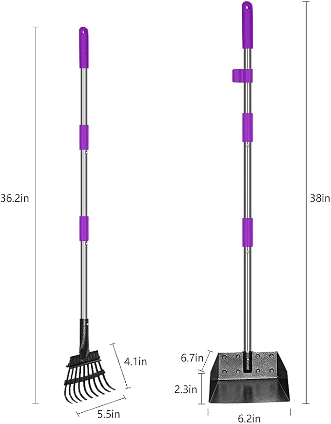 QiMH Upgraded Dog Pooper Scooper Extra Large, Adjustable Long Handle Stainless Metal Pet Poop Tray and Rake Set for Large Medium Small Dogs, Dog Waste Removal Bin Rake, Great for Grass, Street, Gravel