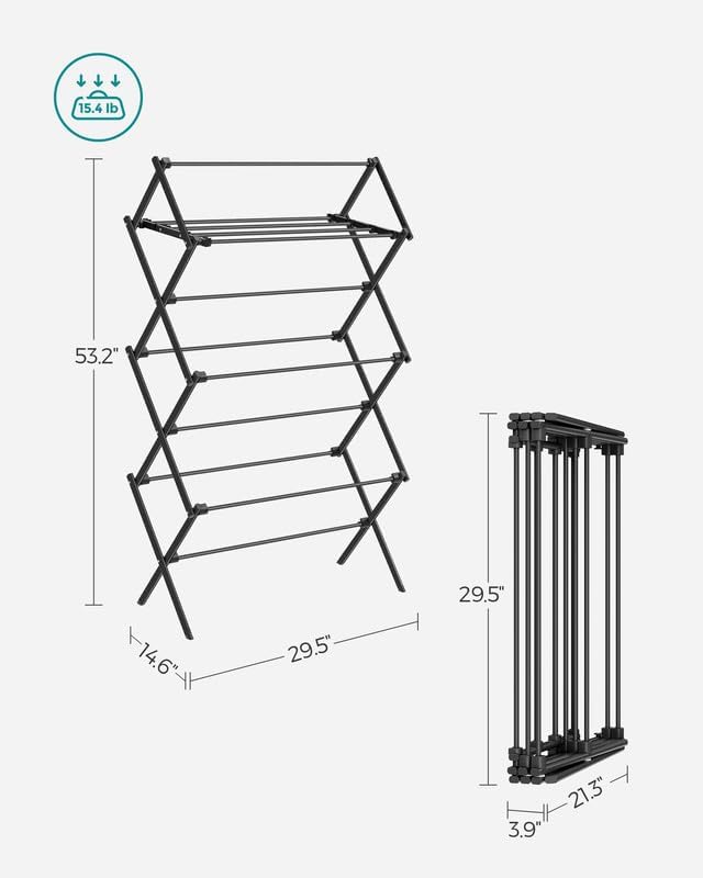 SONGMICS Foldable Clothes Drying Rack, Laundry Drying Rack, Clothes Airer, Steel Frame, 14.6 x 29.5 x 53.2 Inches, Easy Assembly, Indoor Outdoor Use, Black ULLR770B01