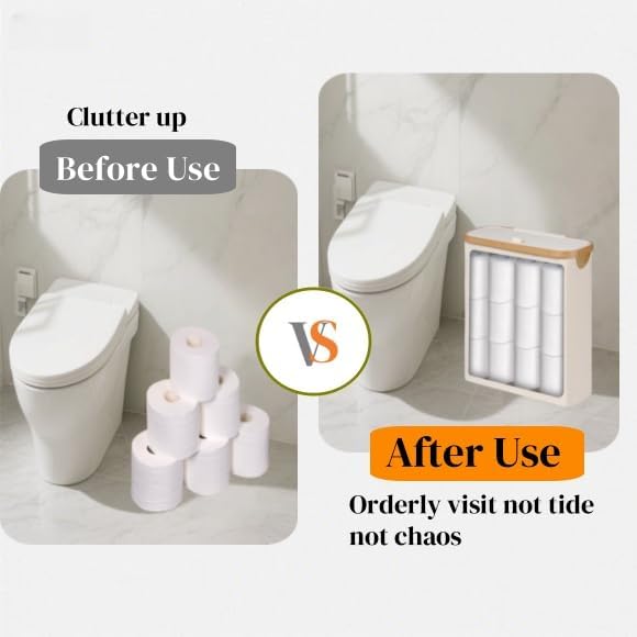 Toilet Paper Storage Basket with Lid, Large Capacity for 12 Rolls, Stackable and Foldable Freestanding Paper Towel Holder - Space Saving Modern Beige Design
