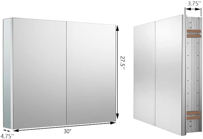 Sunrosa Aluminum Bathroom Medicine Cabinet with Mirror Door, 30"×27.5" Bathroom Mirror Cabinet, Wall-mountable and Recessed-in Mirror Cabinet, 2 Doors Medicine Cabinet Organizer
