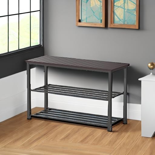 Simple Houseware Wood Top Shoe Storage Bench for Entryway, Dark Brown