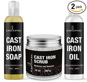 Culina Supreme Cast Iron Care Set: Restoring Scrub, Cleaning Soap & Conditioning Oil | Best for Cleaning Care, Washing & Restoring | 100% Plant-Based | for Cast Iron Cookware, Skillets, Pans & Grills!