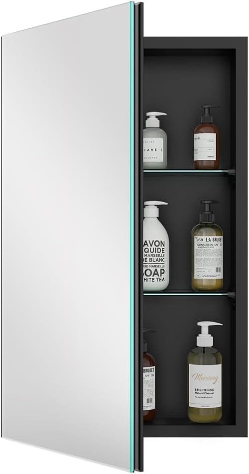 Quavikey Bathroom Medicine Cabinet with Mirror, Aluminum Surface Mount or Recessed Medicine Cabinet Mirror 16x26 Inch, Black