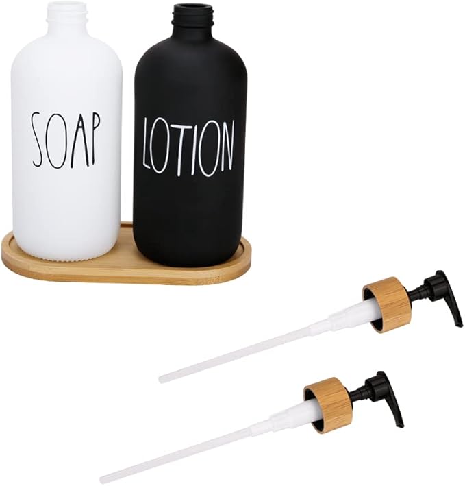 Soap Dispenser Bathroom Set, Hand Soap and Lotion Dispenser Set with Tray for Bathroom, Black and White Bathroom Decor Modern Farmhouse Decor Kitchen Art Dish Soap Holder (Black & White)