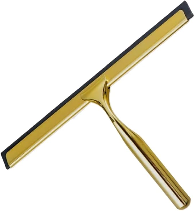 J&V TEXTILES All-Purpose Stainless Steel Shower Squeegee for Glass Doors with Adhesive Hooks, Squeegee for Shower Glass, Bathroom Household Cleaner Tool, 10 Inch (Gold)
