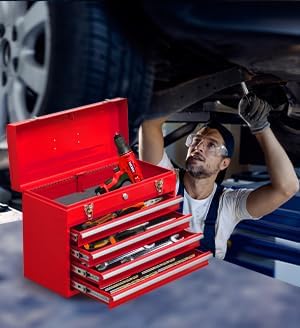 Tool Chest Cabinet, Large Capacity Metal Tool Box with Wheels and Cylinder Locking, Roll Around Storage Organizer Tool Cart for Garage, Redtool cabinets on Wheels (Red, 4-Drawer)