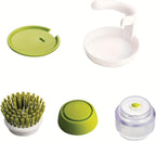 Soap Dispenser Palm Dish Brush with Storage Bracket – Drainage Base, Easy-to-Clean Kitchen Utensil Cleaner | Includes Extra Soft Bristle Brush (Gray&Green)