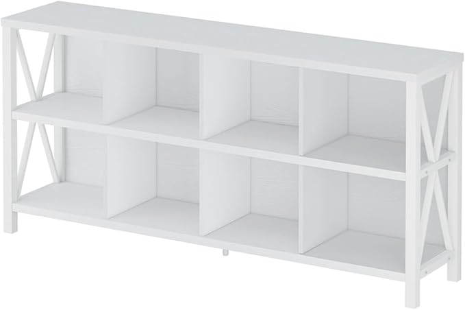 FATORRI 8 Cube Storage Organizer Bookshelf, Rustic Wood Cubby Bookcase, Industrial Horizontal Long Shelf for Living Room (White Oak, 62 Inch)