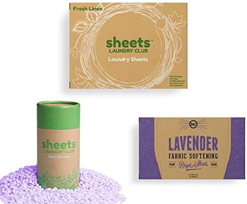 Sheets Laundry Club Bundle - 50 Pack (up to 100 loads) Fresh Linen Detergent Sheets, 40 Pack Free & Clear Dryer Sheets & 8 Oz. Uncharted Waters Scent Booster - New Liquidless Technology