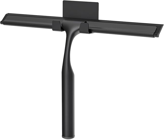 Stainless Steel Shower Squeegee for Glass Doors, Multi-Purpose Squeegee for Shower Glass, Bathroom and Car Windows, Squeegee with Adhesive Hook-10”, Black
