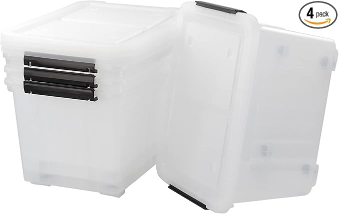 Bringer 4-Pack 30 L Clear Plastic Storage Box, Large Wheeled Storage Bin with lid